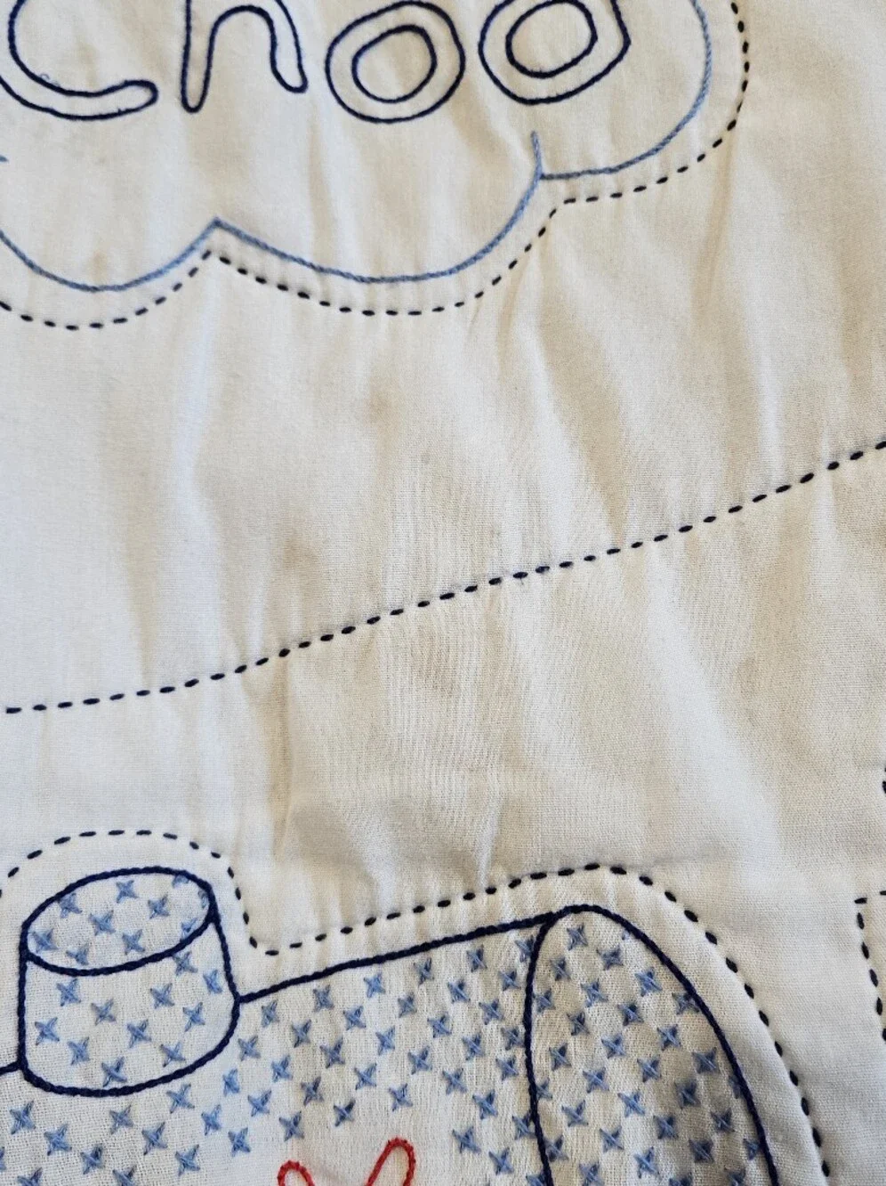 Hand Embroidered Train Baby Quilt, 38x58